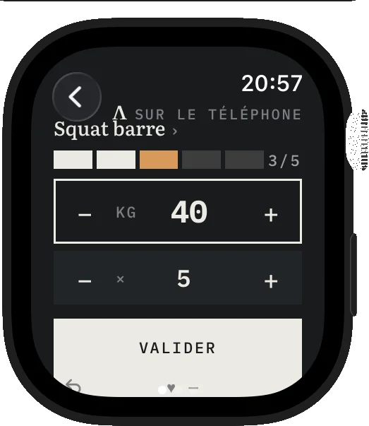 Rhetra sur Apple Watch : le même squat barre, série 3 sur 5.