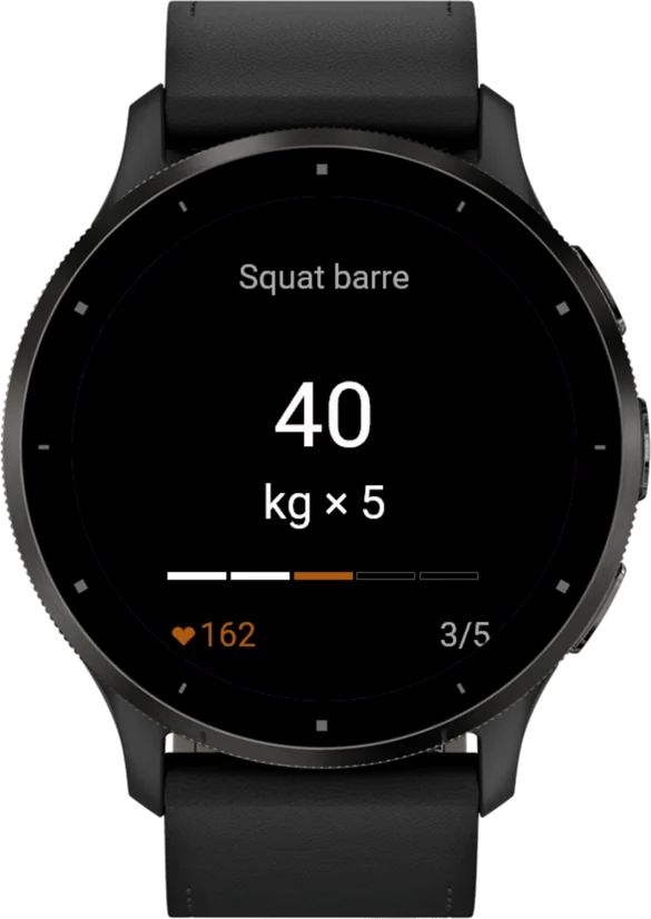 Rhetra sur Garmin Venu 3 : squat barre, 40 kg × 5, série 3 sur 5.