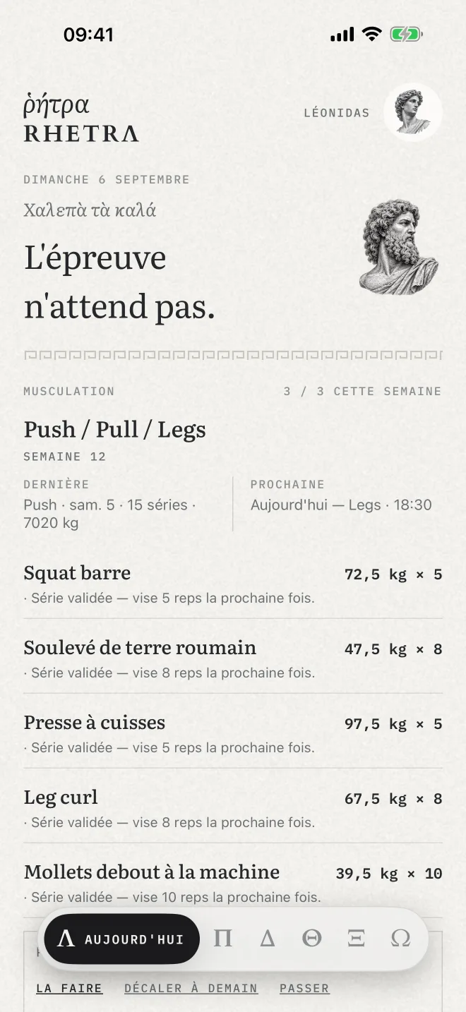 L'écran Aujourd'hui : Legs, dimanche 18:30, squat barre à 72,5 kg × 5 avec sa raison.