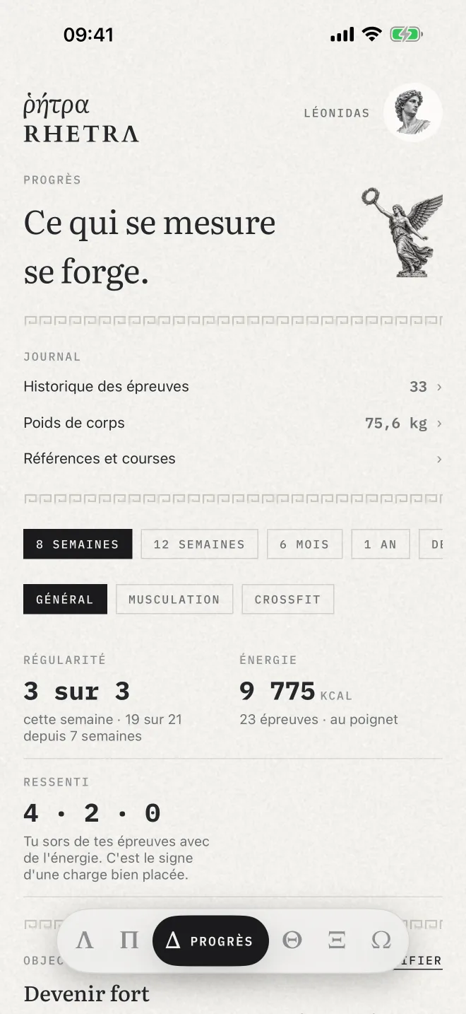 L'écran Progrès : régularité trois sur trois, énergie, ressenti.
