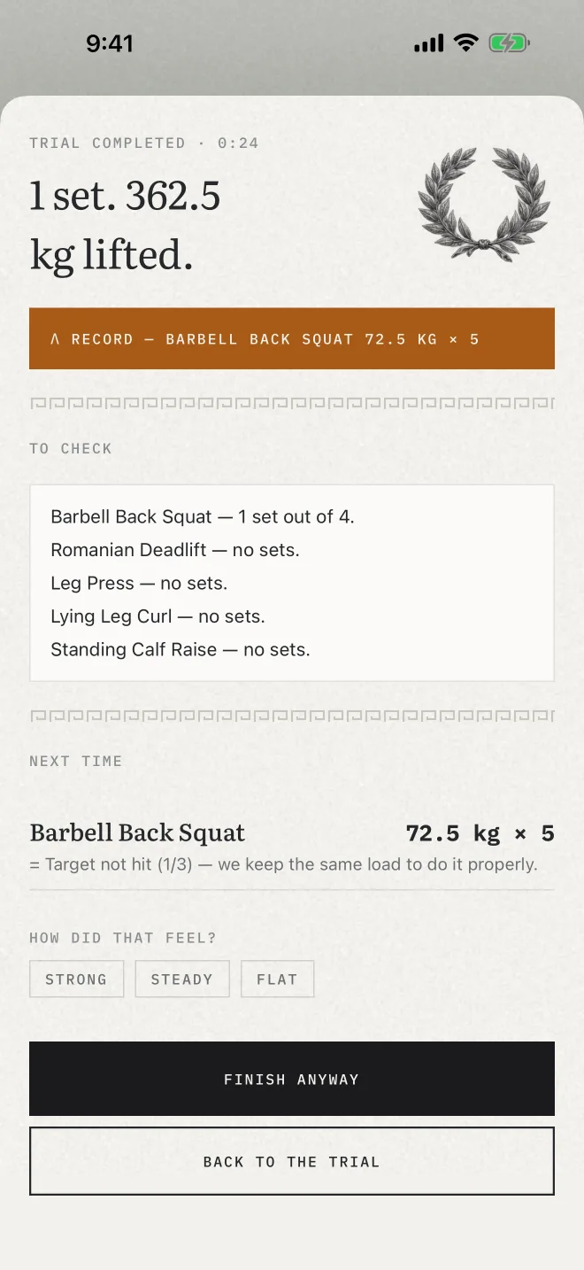 The end-of-trial summary: a squat record marked in bronze, and next time's weight.